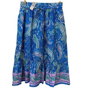 TALBOTS Tiered Midi Skirt Small Petite Blue Paisley Garden Cotton Boho NWT